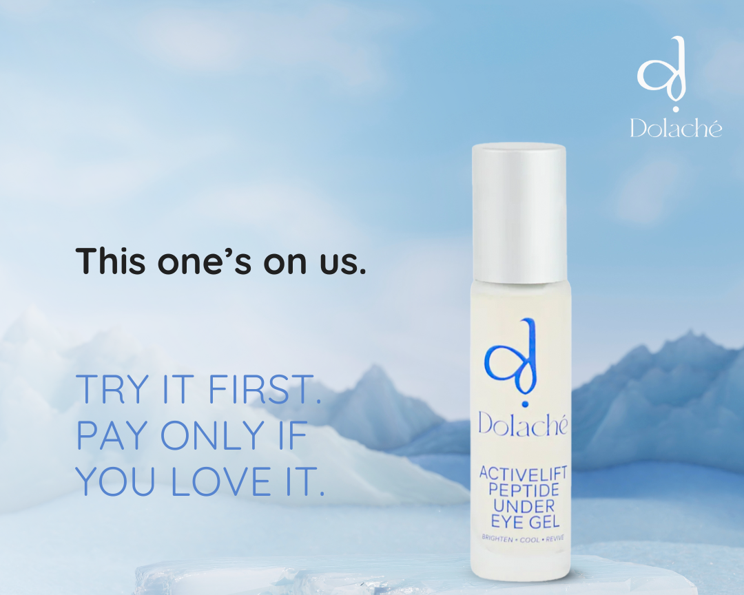 Dolache eye gel bottle with packaging on a snowy mountain background